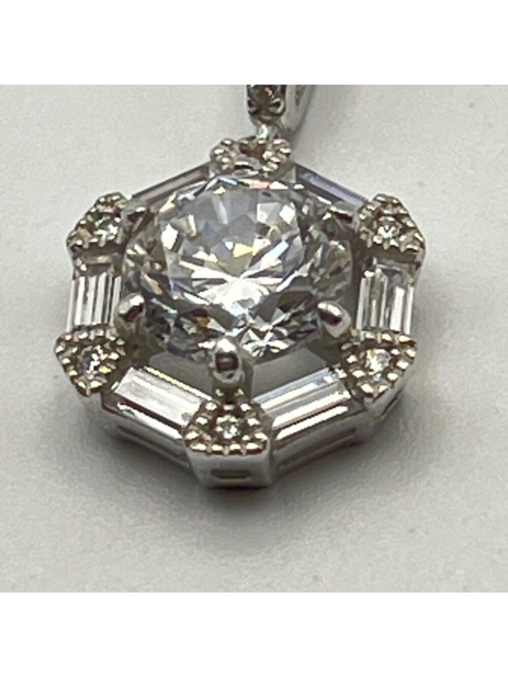Sterling Silver Jacmel Pendent Necklace JCM CZ Art Deco Halo 18" Baguette Round - Picture 10 of 12